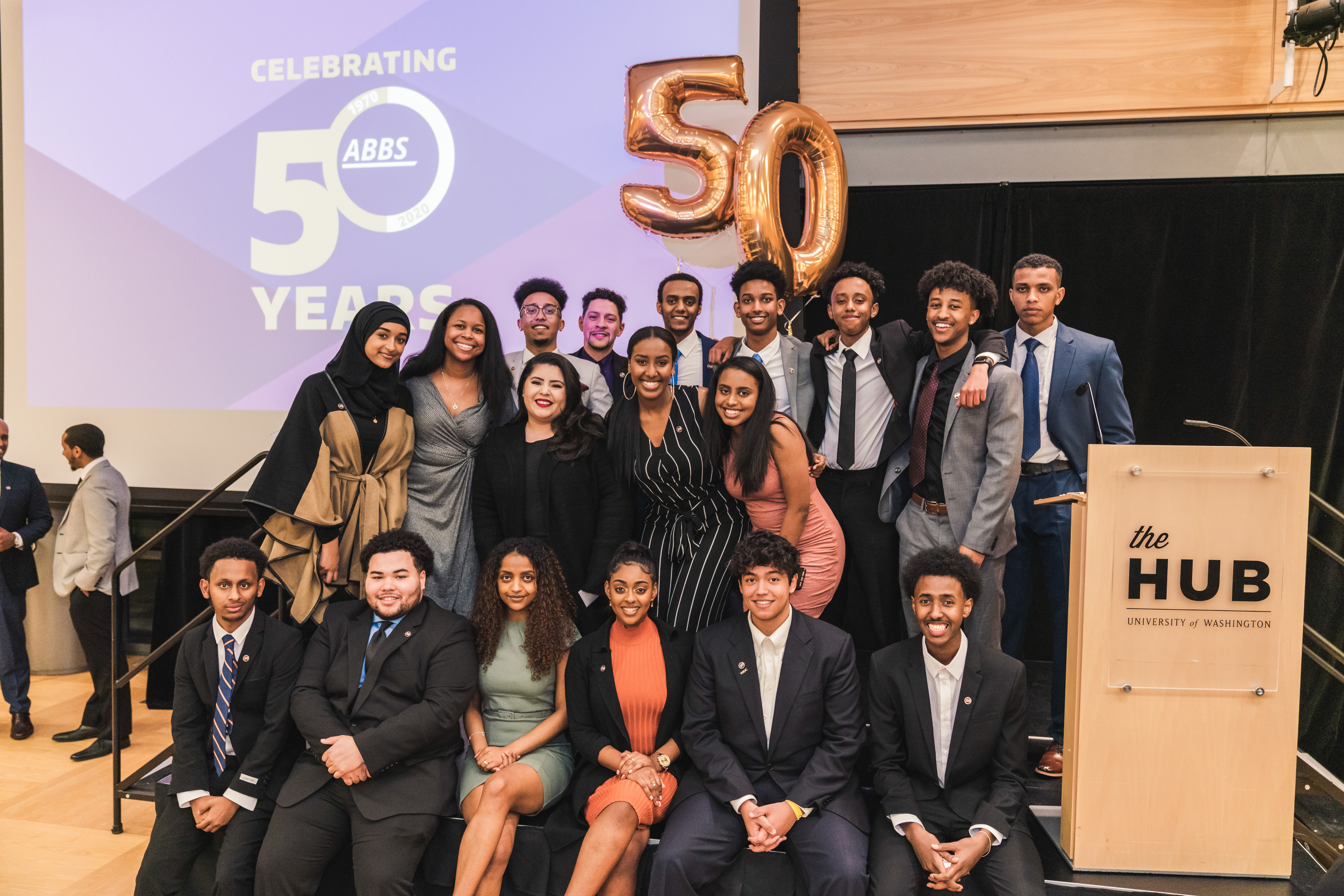 The Association of Black Business Students (ABBS) and National Association of Black Accountants (NABA) 2019-2020 Executive Boards celebrate at the ABBS 50th Anniversary Dinner.