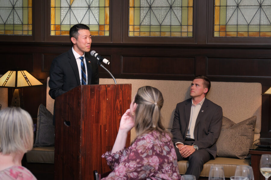 Gene Ahn, co-founder of the Foster Veterans Association, speaking at the 2026 Edward Hwang Annual Leadership Award dinner.