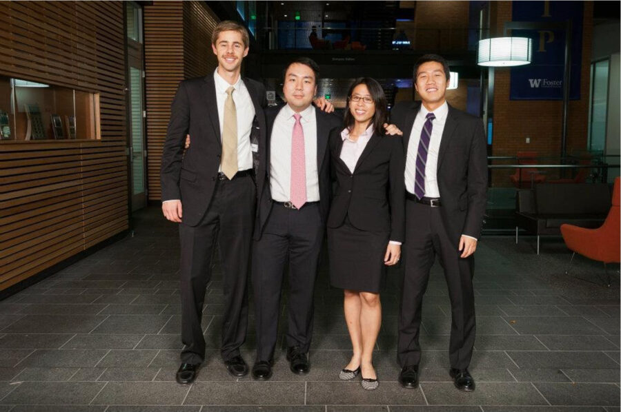 Edward “Eddie” Hwang (second from left) and Gene Ahn (far right) with fellow classmates while attending the University of Washington.
