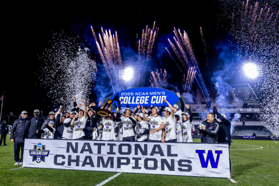 The University of Washington men’s soccer team celebrates defeating North Carolina State in the national championship 3-2 at the College Cup in Cary, NC on December 15, 2025. (Photography by Scott Eklund/Red Box Pictures)