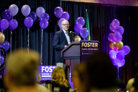 Dan Fulton, a longtime supporter and advisory board member of the Yakima Business Certificate Program speaking at the 2026 graduation ceremony.