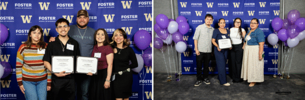 Graduates proudly posing with their business certificates amongst family, friends, and supporters.